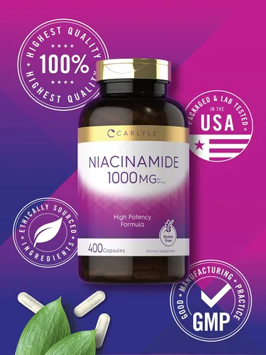 Miniatura 5 de Carlyle Niacinamida 1000 mg 400 Cápsulas Fórmula de alta potencia Suplemento sin OMG, sin gluten