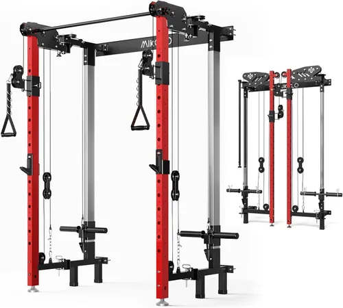 Miniatura 17 de Mikolo Folding Squat Rack, Wall Mounted Power Rack with Cable Crossover Machine & LAT Pull Down, Functional Trainer with 5 Adjustable Function