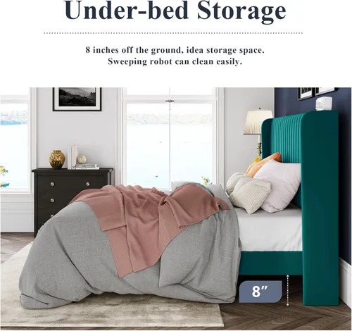 Miniatura 6 de Allewie - Base de cama tamaño Full con plataforma acolchada tapizada en terciopelo/cabecera tapizada con diseño acanalado vertical/listones de Verde