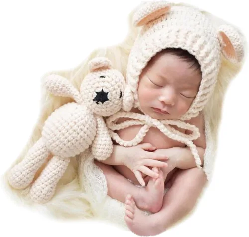 Accesorios de fotografía para recién nacidos, sombrero de oso, sesiones de fotos de bebé, trajes de fotos para posar fotos de ganchillo, oso muñeca