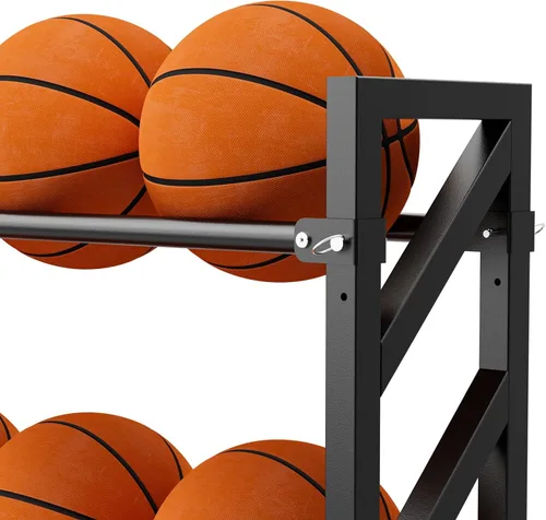 Miniatura 7 de Bastidores de baloncesto para pelotas, carrito de bolas resistente con ruedas, almacenamiento de baloncesto de 3 niveles y 20 bolas, carrito