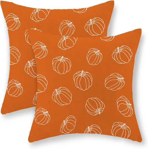 Miniatura 58 de AEIOAE - Juego de 2 fundas cuadradas de almohadones de lino para otoño con calabaza en tono naranja quemado y blanco, para decoración al aire libre