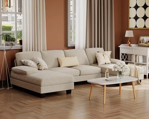 Miniatura 7 de Furmax - Sofás seccionales para sala de estar, sofá en forma de U con tela de lino, juego de sofá de 4 plazas con doble chaise para apartamento Beige