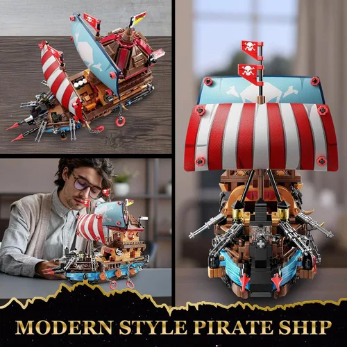 Miniatura 6 de Vziimo Juegos de construcción de barcos piratas con luces, modelo creativo de barco, barco pirata, juguetes de construcción para decoración