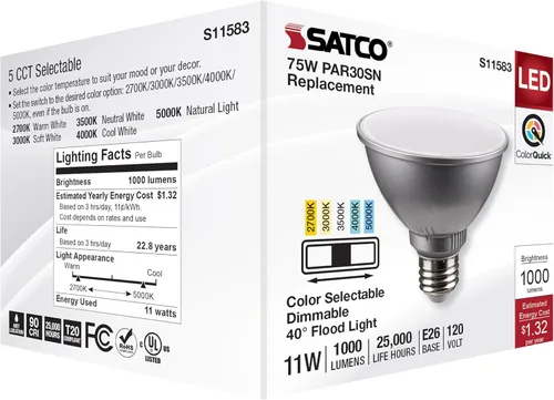 Miniatura 8 de Satco S11583; LED PAR30SN de 11 vatios; base media; acabado plateado; CCT seleccionable; 120 voltios; ángulo de haz de 40 grados