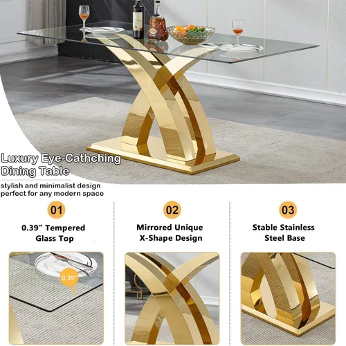 Miniatura 4 de Henf Juego de mesa de comedor de cristal de 5 piezas con 4 sillas, mesa de cocina grande de 70 pulgadas y sillas tapizadas beige para 4, juego
