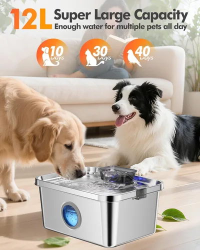 Miniatura 8 de Fuente de agua para perros de 12 litros, fuente de agua de acero inoxidable para perros grandes, gatos, hogar múltiple, fuente silenciosa