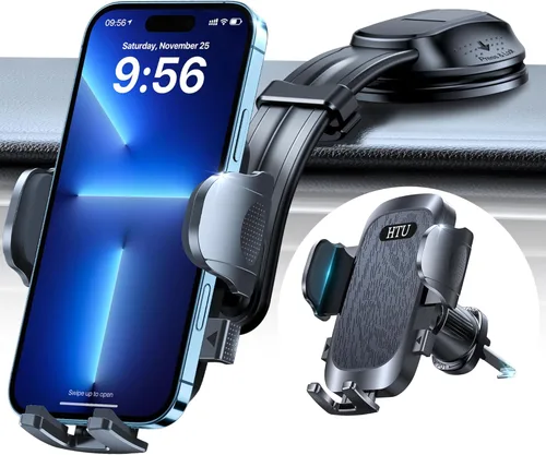 HTU Soporte de teléfono de automóvil con succión más fuerte mejorado, brazo flexible, soporte giratorio para teléfono celular para salpicadero, Negro