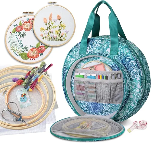 FINPAC Bolsa para proyectos de bordado, suministros de bordado con múltiples bolsillos para hilo dental, aros, hilo, kit de herramientas de costura