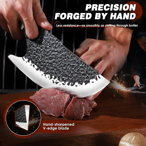 Miniatura 3 de Huusk Cuchillos de carnicero para carne, juego de cuchillos de cocina vikingos de acero al carbono forjado a mano con bolsa de rollo