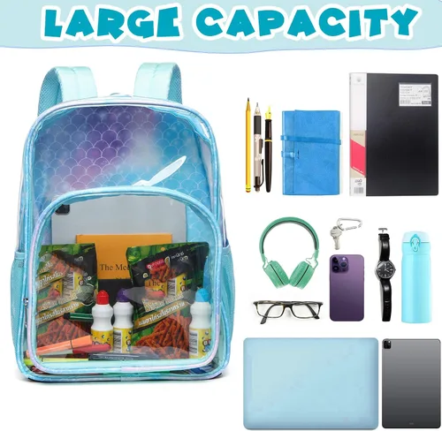 Miniatura 5 de BLUEFAIRY Mochila transparente para estadio escolar, grande, de PVC, transparente, bolsa de libros, mochila transparente, Azul bebé, Mochilas Daypack