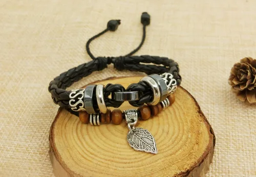 Miniatura 19 de Suyi brazalete ajustable con varias capas, de cuero tejido trenzado con cruz. Pulsera tipo esclava.