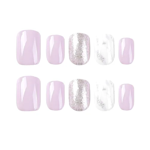 Miniatura 4 de Uñas postizas cuadradas cortas a presión, uñas postizas de color rosa, de cobertura completa, uñas postizas con purpurina plateada con diseños