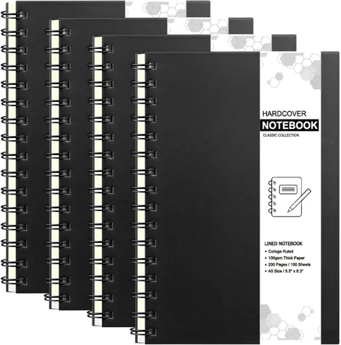Coopay Paquete de 4 cuadernos de tapa dura A5 en espiral, cuadernos con rayas universitarias, cuaderno rayado con divisores extraíbles para