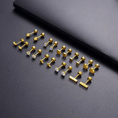 Miniatura 6 de Ofeiyaa Juego de 18 aretes de tuerca pequeños de acero inoxidable con forma de corazón, cruz geométrica, estrella, triángulo, luna, bola de disco