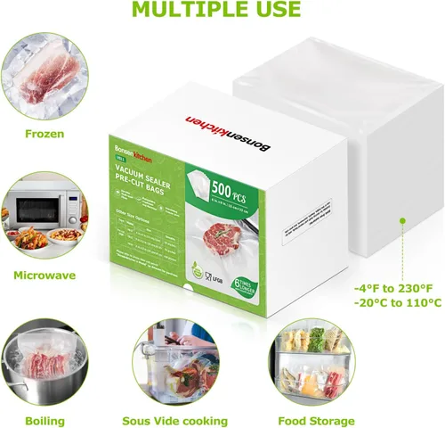 Miniatura 4 de Bonsenkitchen Bolsas selladoras al vacío precortadas, 500 bolsas tamaño Pint de 6" x 9", bolsas selladoras de alimentos, grado comercial, sin BPA