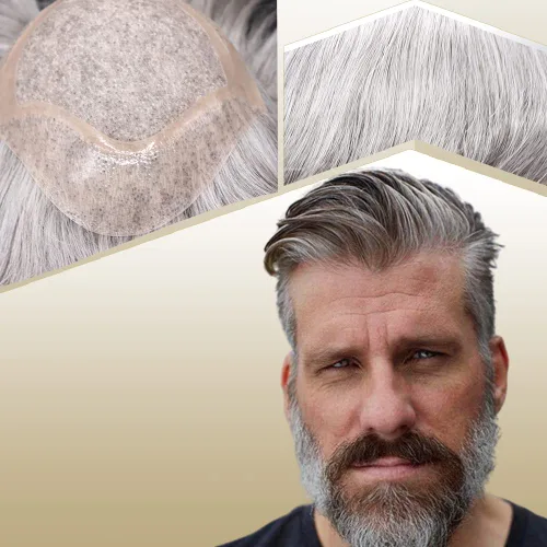 Miniatura 12 de Sistema de reemplazo de cabello humano para hombre, tupé para hombre, piel fina con parte superior de encaje mono y la parte trasera de poliuretano
