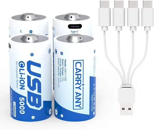 Paquete de 4 baterías recargables de litio C, baterías de celda C/lr14 de 1.5 V con cable de carga USB-C, alta capacidad de 5000 mWh, batería de