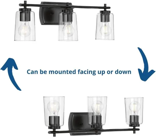 Miniatura 9 de Progress Lighting Adley Collection - Lámpara de tocador de baño tradicional con 3 luces, de cristal transparente, color negro mate, 7-5/8 x 23 Mate