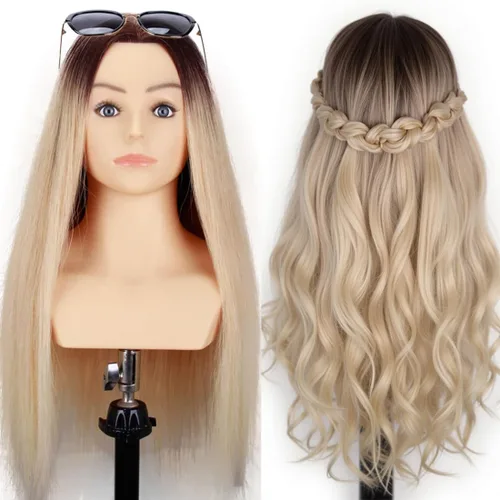 Cabeza de maniquí de cabello humano con hombros y plataforma de 24 a 26 pulgadas, muñeca femenina, maniquí de entrenamiento, cabeza de maniquí,