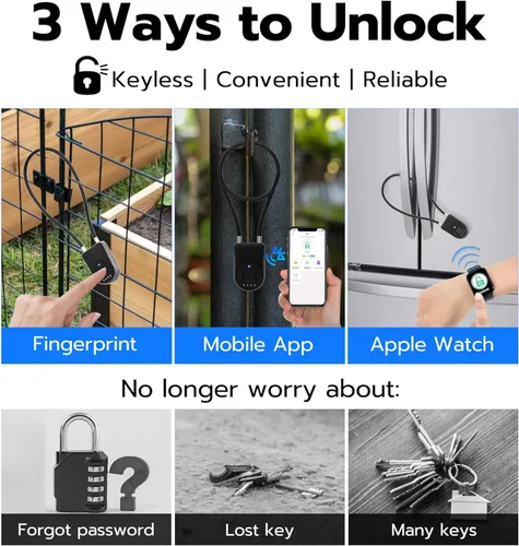 Miniatura 2 de Anweller Candado de cable de huellas dactilares, grillete pequeño de 14 pulgadas de largo, entrada sin llave, biométrico, Bluetooth, bloqueo de Back