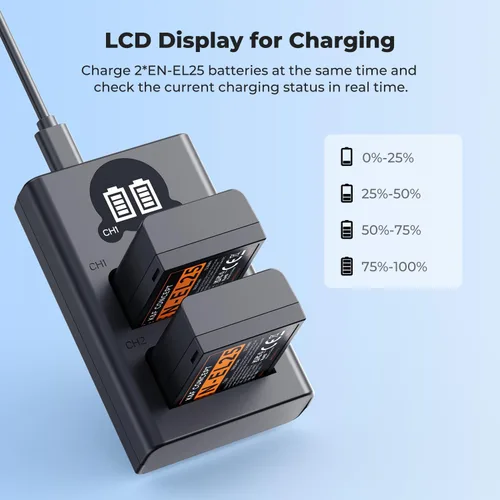 Miniatura 4 de K&F CONCEPT Batería EN-EL25 de 1600 mAh 2 unidades EN-EL25A y cargador de batería LCD dual para Nikon Z50II, Z50, Z30, Z FC Camera MH-32 Cargador
