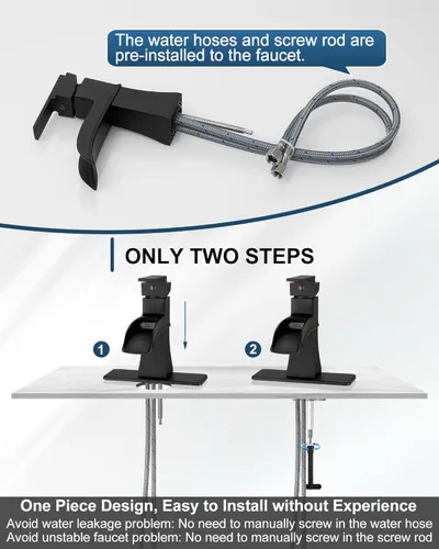 Miniatura 6 de Grifo de Cascada, Grifo de Lavabo de Baño de Latón Negro de 1 Orificio o 3 Orificios (4 Pulgadas) con Mango Único, Desagüe Pop-Up, Mangueras