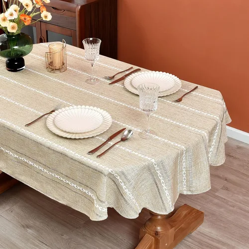 Miniatura 3 de Mantel rústico ovalado de lino de algodón bordado, mantel de primavera para cocina, comedor, fiesta, mantel para mesas ovaladas, 60 x 104 pulgadas