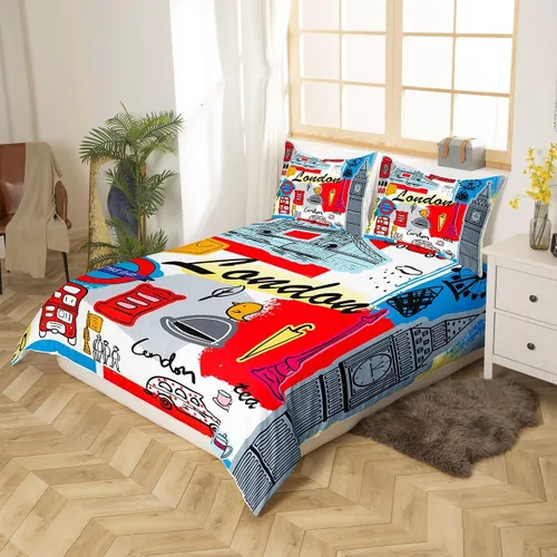 Miniatura 3 de Feelyou Juego de ropa de cama con temática londinense, funda de edredón para cabina telefónica retro roja para niños, paisaje histórico europeo