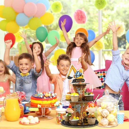 Miniatura 6 de Tiamon Decoraciones de cumpleaños de construcción de 3 niveles con tema de construcción, soporte para cupcakes, camión volquete de cartón, soporte