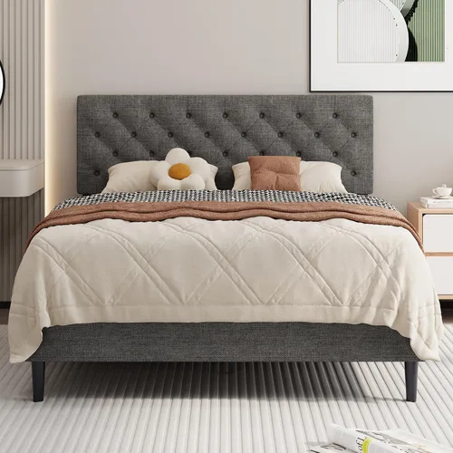 Miniatura 24 de BarnFurin Marcos de cama individual con cabecera capitoné con botones, cama de plataforma tapizada de lino con soporte de listones de madera, fácil