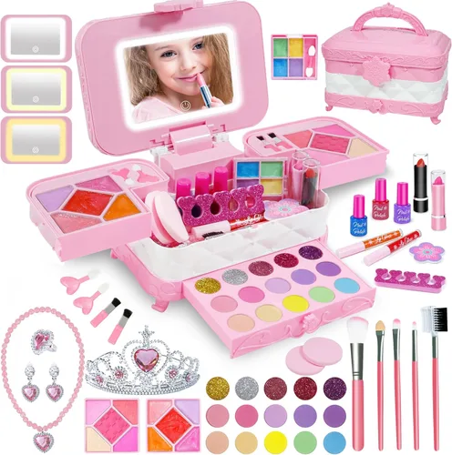 Kit de maquillaje 60 en 1 para niños, con espejo de maquillaje LED de 3 colores real lavable, juegos de maquillaje para niñas de 5 a 8 años, regalo