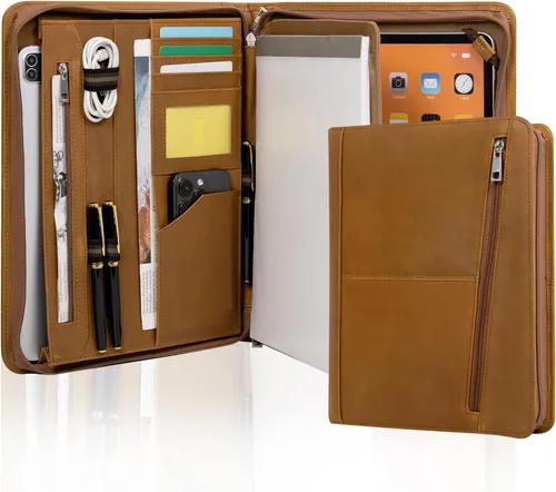AZXCG Portafolio organizador de cuero para hombres, folio profesional con soporte para bloc de notas A4/Legal, cartera con cremallera para