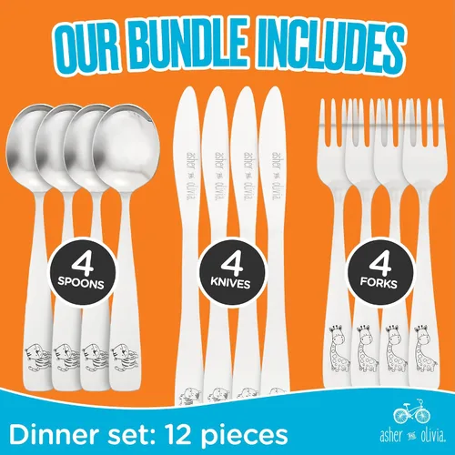 Miniatura 2 de Juego de cubiertos para niños, 12 piezas, incluye 4 tenedores, 4 cucharas y 4 cuchillos aptos para niños, cubiertos de metal para niños en edad
