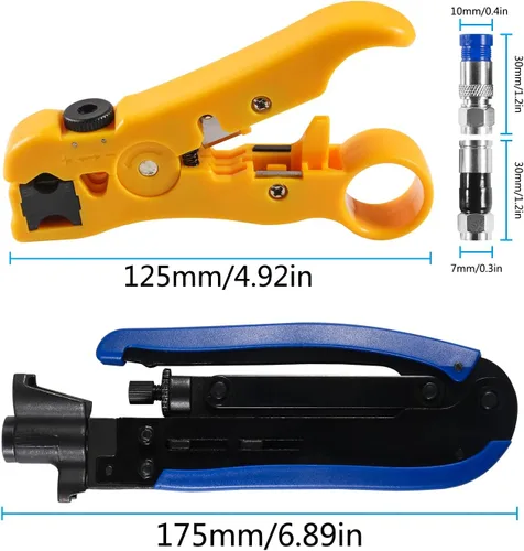 Miniatura 2 de Herramienta de compresión coaxial Kit de crimpadora de cable coaxial ajustable RG6 RG59 RG11 75-5 75-7 Pelacables coaxiales con 20 conectores