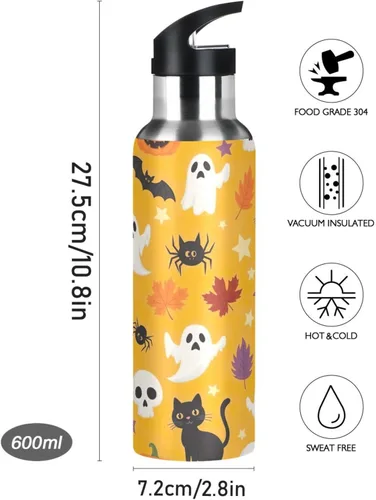 Miniatura 9 de Stainless Steel Vacuum Insulated Water Bottle 32 Oz, Leakproof Water Bottles for Gym Outdoor Travel School, Cute Halloween Orange