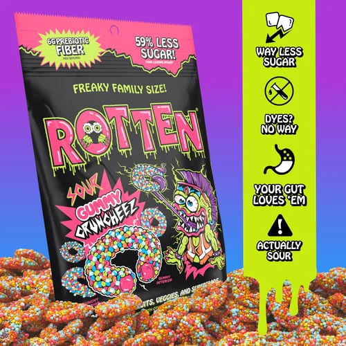 Miniatura 4 de Rotten Sour Gummy Cruncheez - Bajo en azúcar, bajo en calorías, 5g de fibra prebiótica amigable para el intestino, dulces sin gluten, sin colorantes