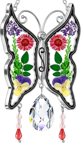 KY&BOSAM - Atrapasoles de mariposa para mamá, regalos de cristal para ventanas, carillón de viento con alas de flores prensadas auténticas con dije