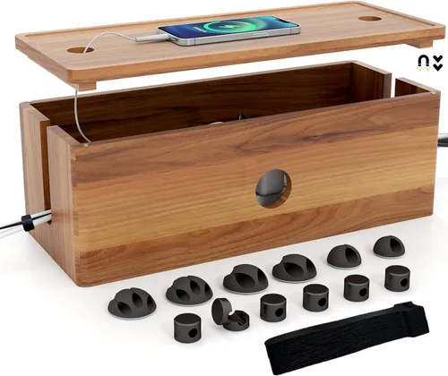 Caja grande de madera de acacia para cables de alimentación, corrector de cable de perfil bajo para cables de piso y cables de extensión, protector