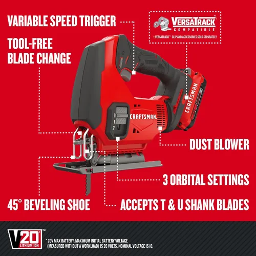 Miniatura 3 de CRAFTSMAN Kit de sierra caladora inalámbrica V20, 3 ajustes orbitales, hasta 2,500 SPM, batería y cargador incluidos (CMCS600D1)