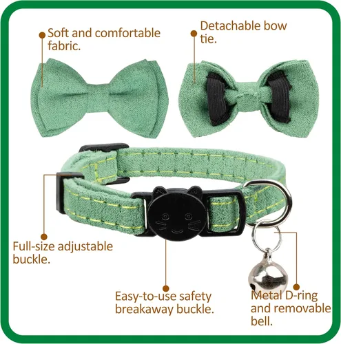 Miniatura 5 de Collar de gato con campana para niño y niña, pajarita de seguridad, a cuadros, color sólido, conjunto de regalo, lindo festivo, [2 piezas], verde