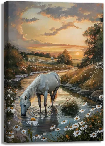 Lienzo de caballo blanco para pared, impresión de imagen abstracta de animales, póster de arte vintage de granja, pintura de paisaje retro del Obras