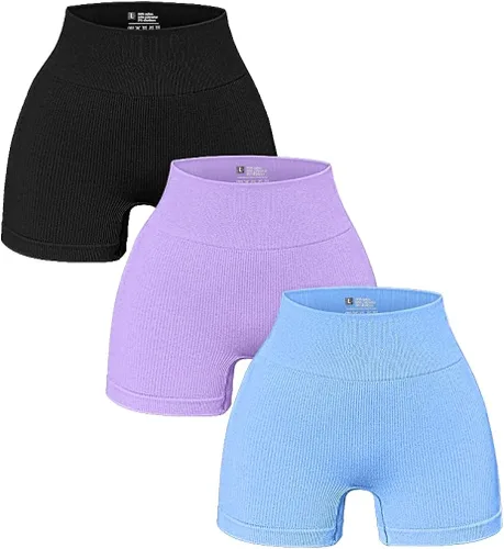 OQQ - Pantalones cortos de yoga para mujer, acanalados, sin costuras, de cintura alta, leggings atléticos, 3 piezas