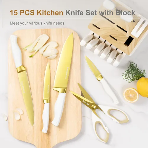Miniatura 5 de Astercook Juego de cuchillos de cocina de 15 piezas, con revestimiento de titanio dorado saludable, juego de cuchillos de espiga completa con bloque
