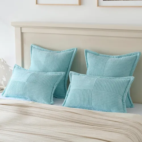 Miniatura 7 de HAUSSY Paquete de 2 fundas de almohada de 16 x 16 pulgadas, fundas decorativas de pana suave, estilo bohemio, a rayas, sólidas, decoración