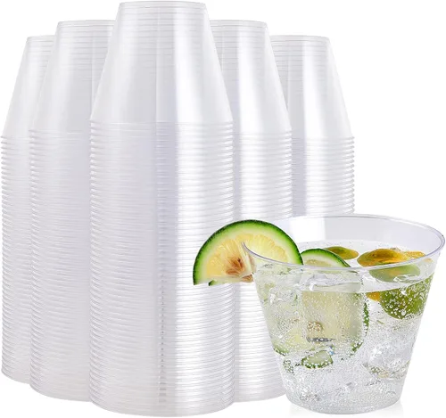 FOCUSLINE Vasos de plástico transparente de 9 onzas, vasos desechables de plástico duro, reutilizables, 200 unidades