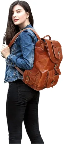 Miniatura 8 de Jaald Mochila de cuero para computadora portátil de 18 pulgadas, mochila vintage, mochila universitaria, bolsa de picnic escolar, cuero de grano