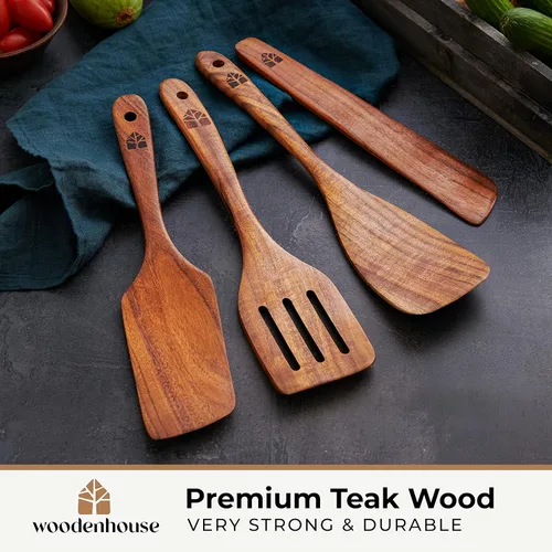 Miniatura 3 de Espátula de madera para cocinar, espátulas de teca para uso en la cocina, utensilios de cocina de madera, juego de 4 incluyendo pala, espátula