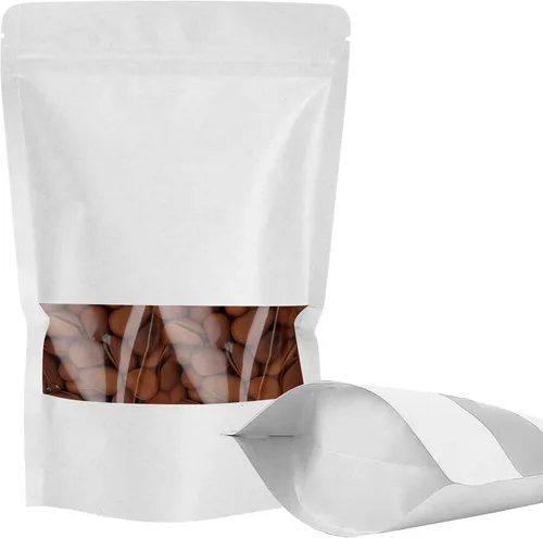 100 bolsas de papel kraft, bolsas resellables de embalaje de alimentos con ventana, cremallera de pie, bolsas reutilizables sellables por calor para