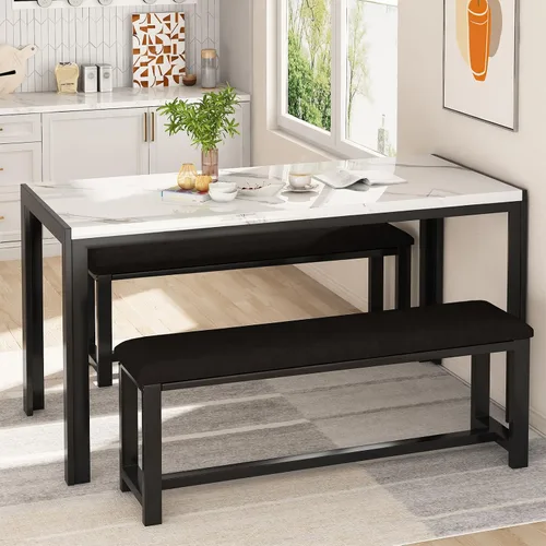 Recaceik Juego de mesa de comedor para 4 personas con bancos tapizados de piel sintética, juego de mesa de comedor de mármol sintético para 4-6,